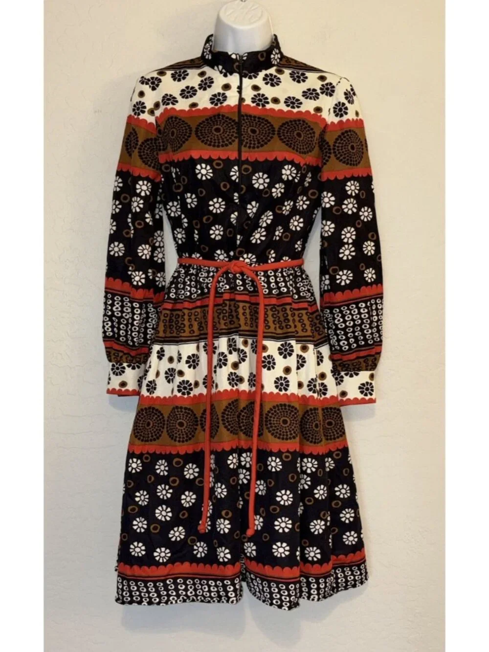 Fred Rothschild 1960’s Vintage red & brown striped Mod hippie boho Midi Dress XS